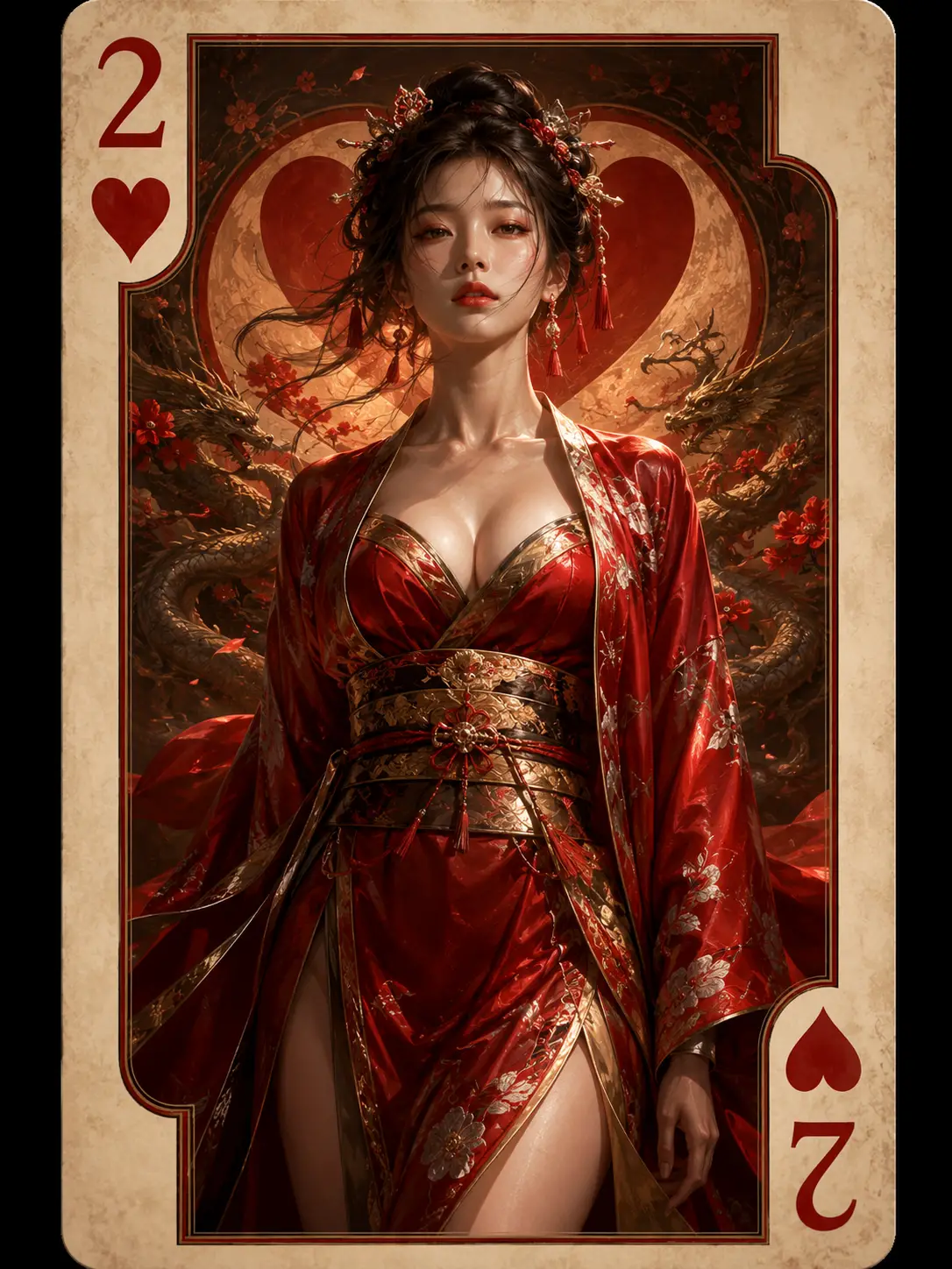 Asian woman in red kimono on two of hearts card
