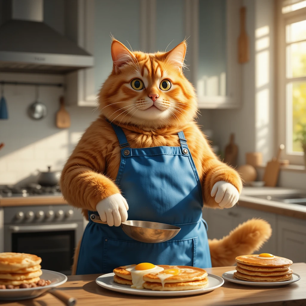 Gato laranja gordinho preparando café da manhã em uma cozinha moderna