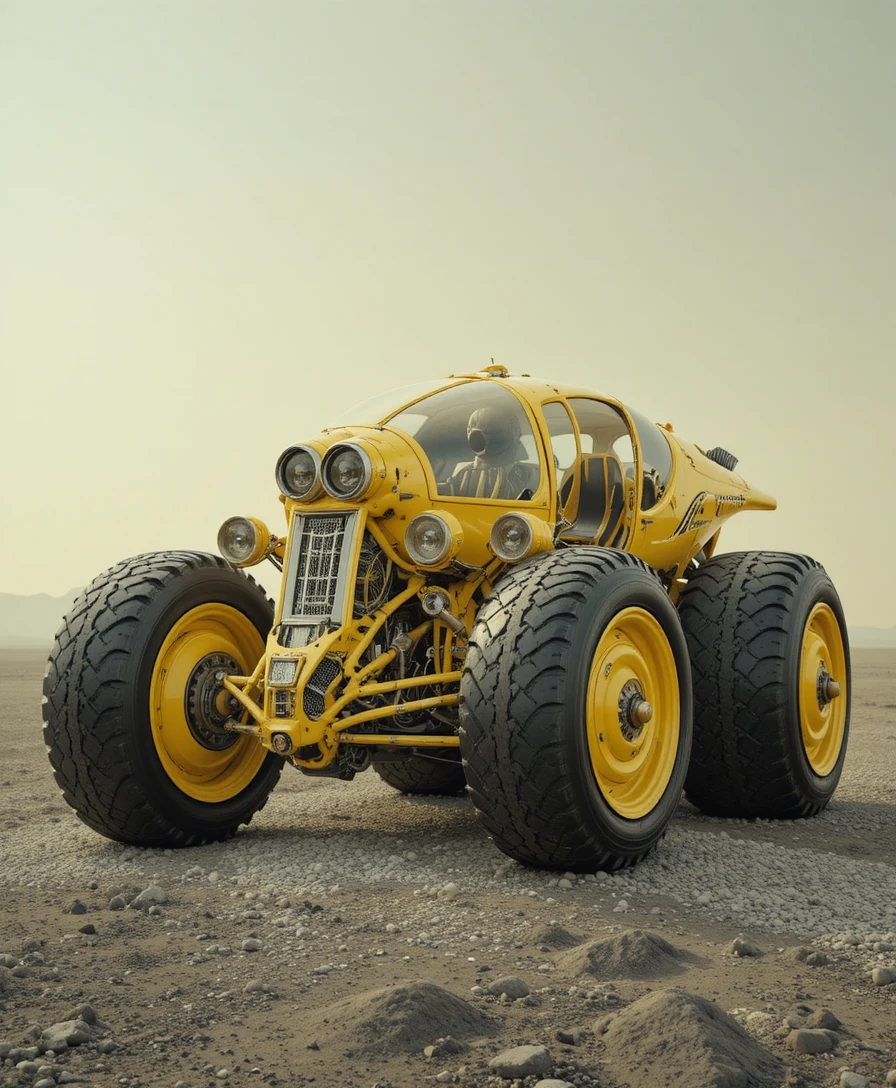 Futuristisches gelbes Trike mit breiten verkleideten schwarzen Reifen