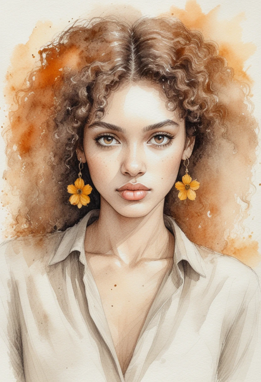 Portrait technique à l’encre d’une jeune femme aux cheveux bouclés