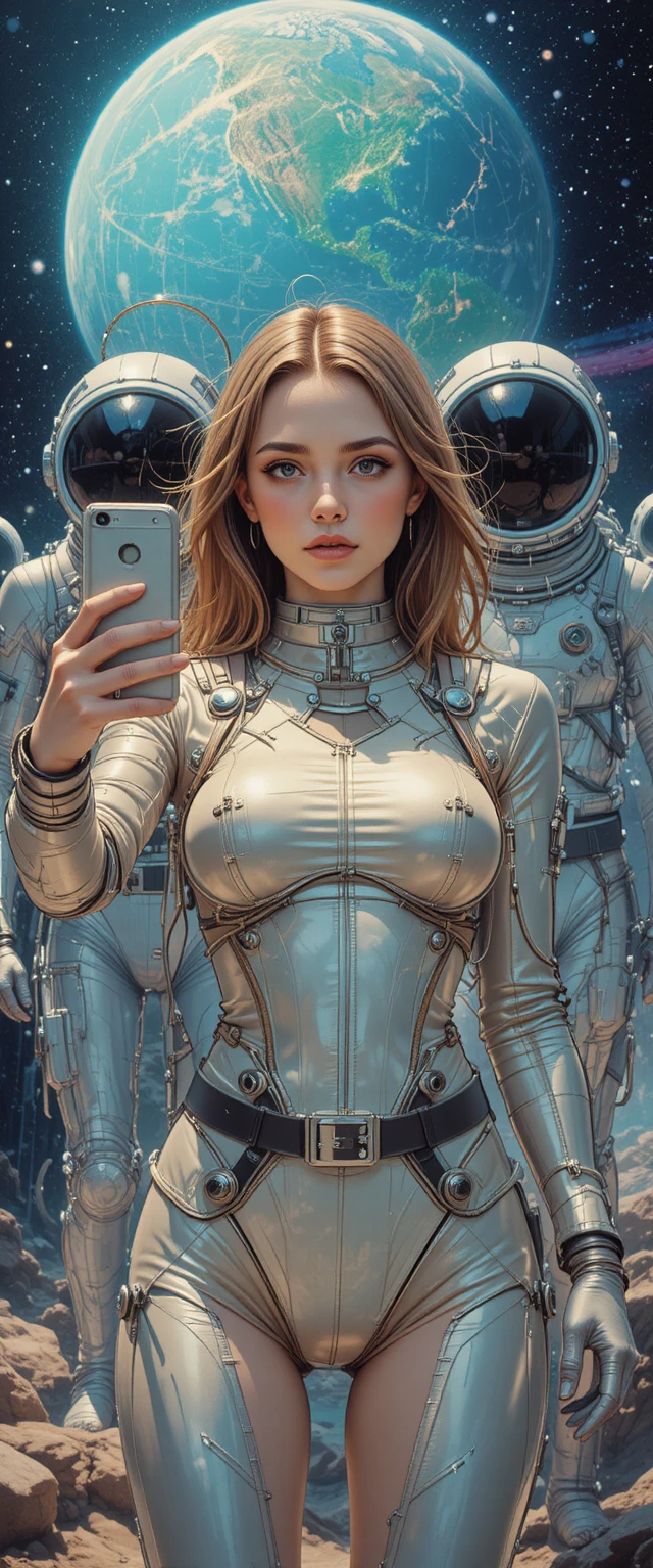 年輕女太空人在外太空自拍