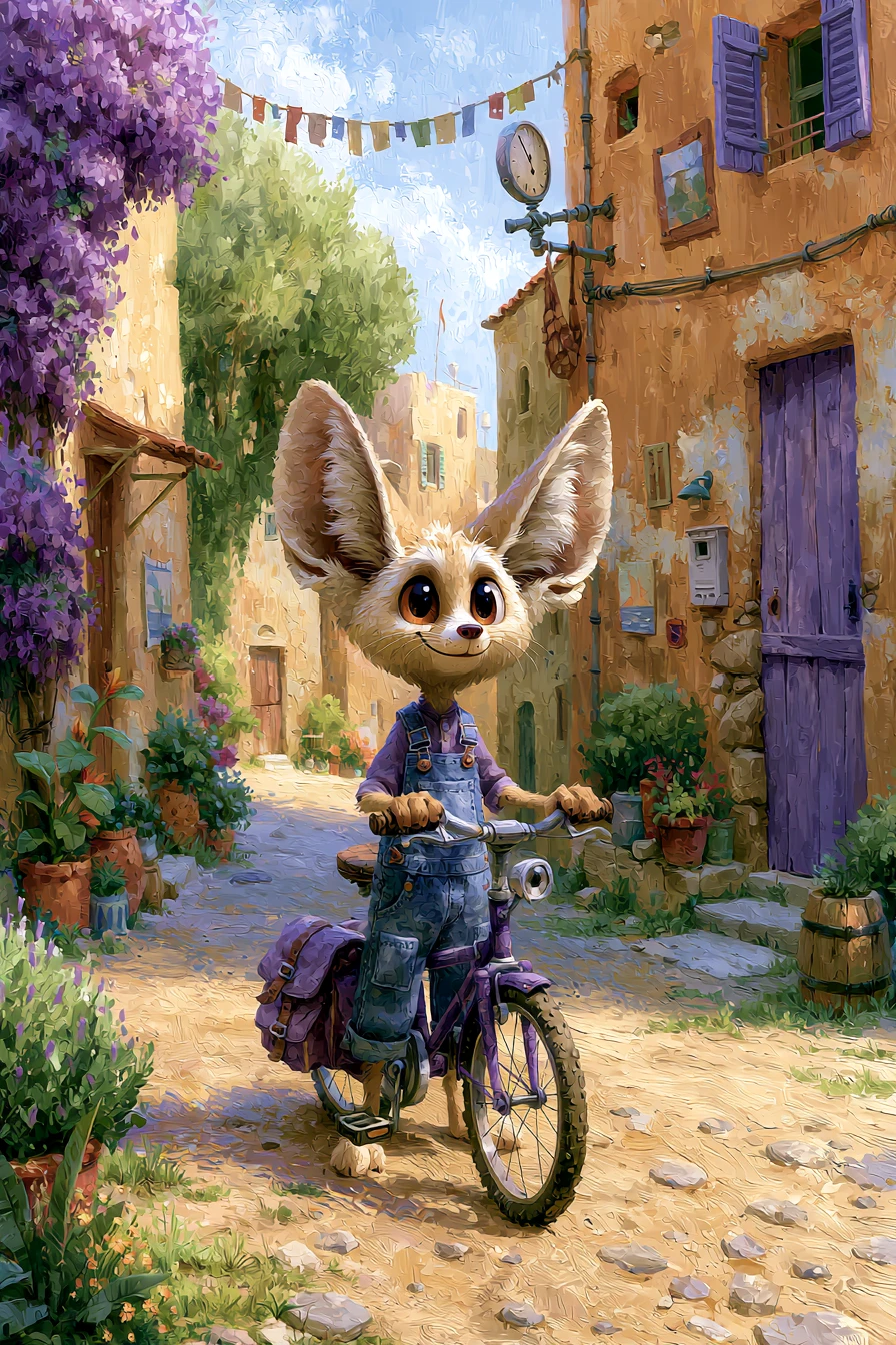Süßer Wüstenfuchs, der in einem Küstendorf Fahrrad fährt