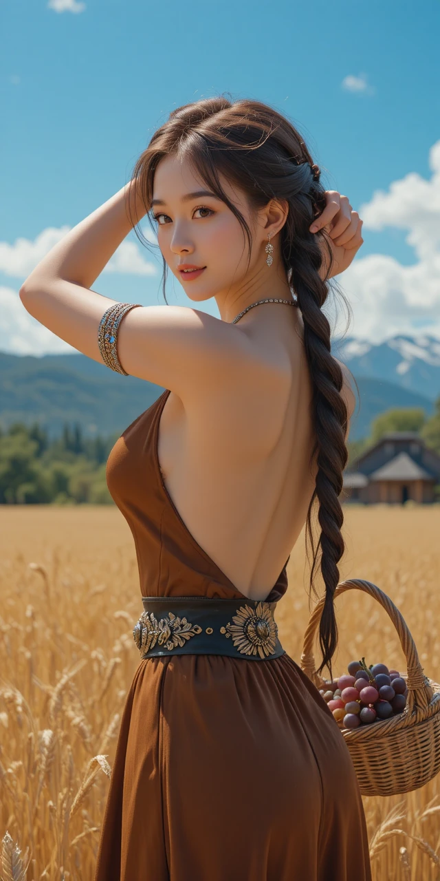 Chica sonriente con vestido marrón en un campo de trigo soleado