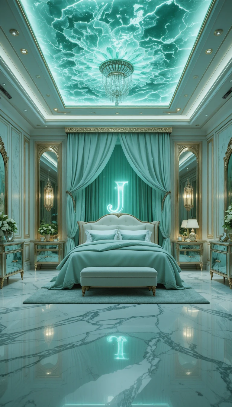 Lussuosa camera da letto di cristallo verde giada con letto a baldacchino