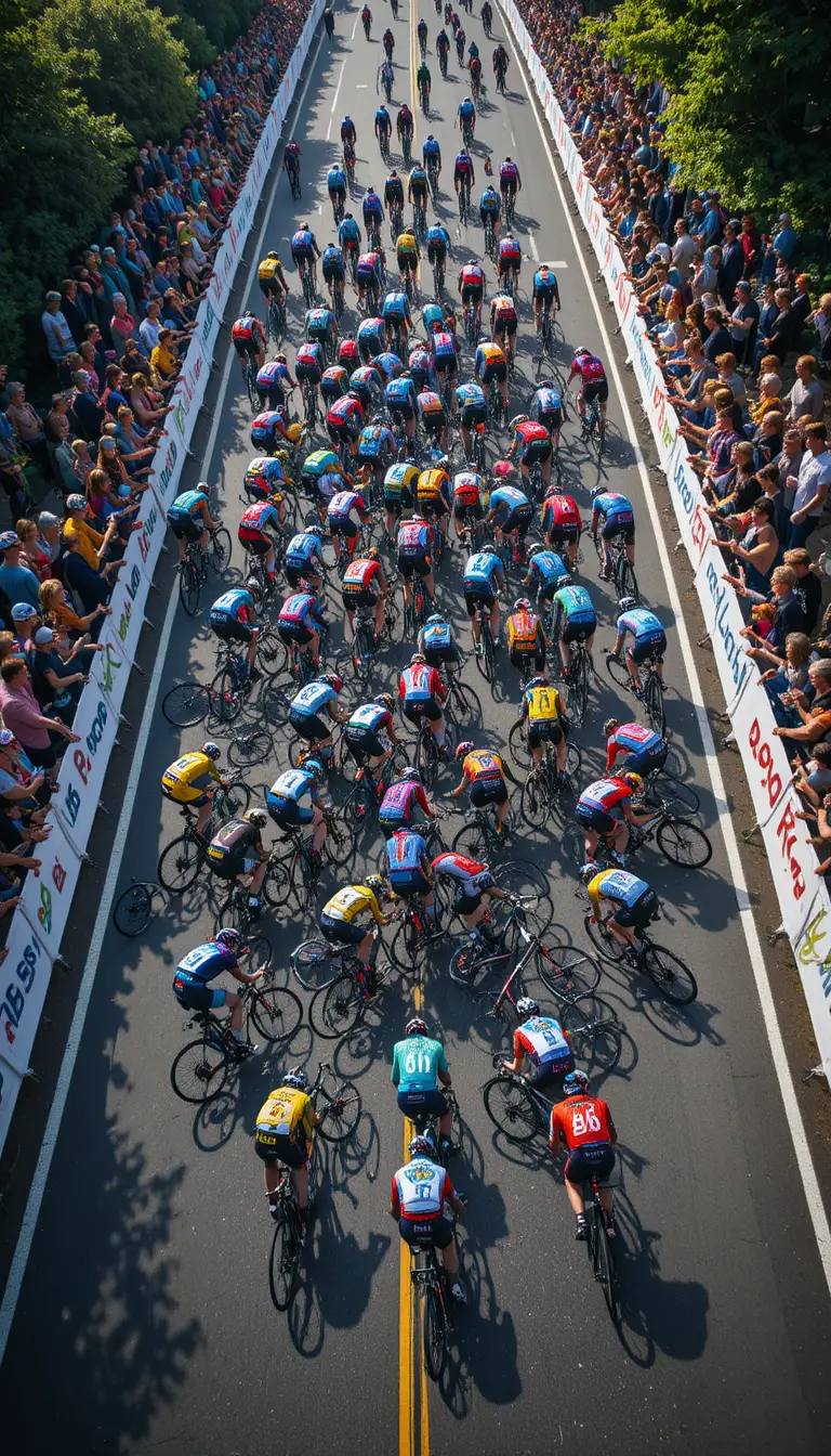 Aerial view of chaotic crash in professional bicycle race