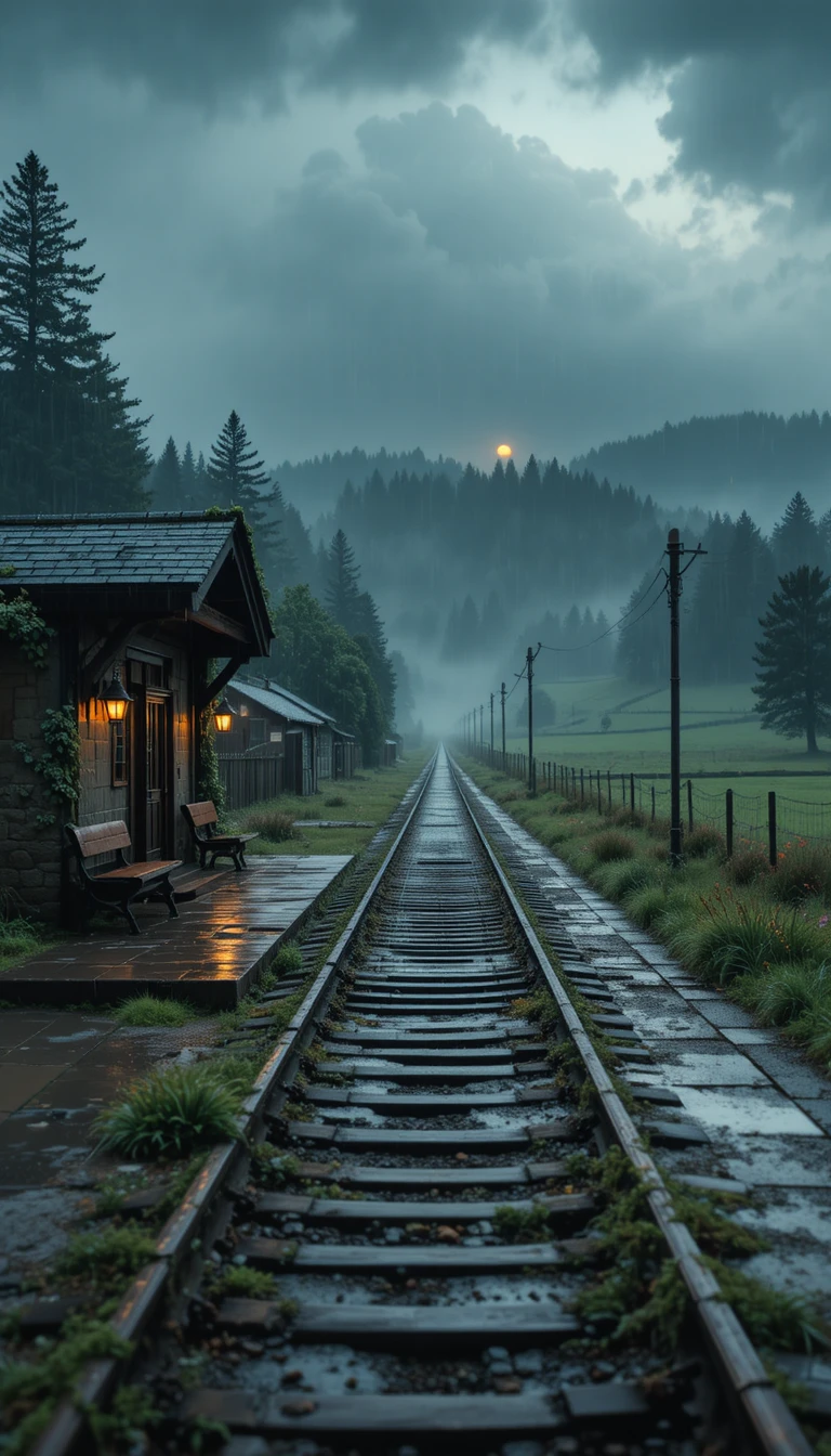 Stazione ferroviaria di campagna piovosa che svanisce nella distanza nebbiosa