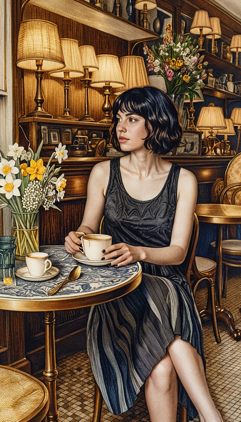 Jovem mulher com xícara de café em um café elegante – desenho