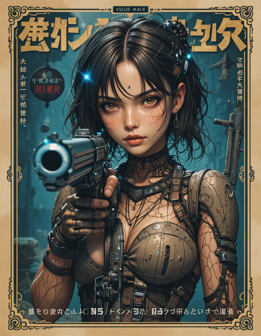 Fille androïde visant avec une mitraillette sur une couverture de light novel japonais