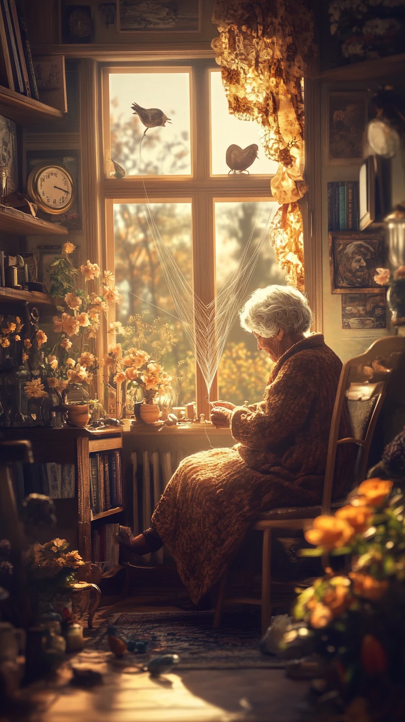 Nonna che cuce mentre un unico filo forma un cuore