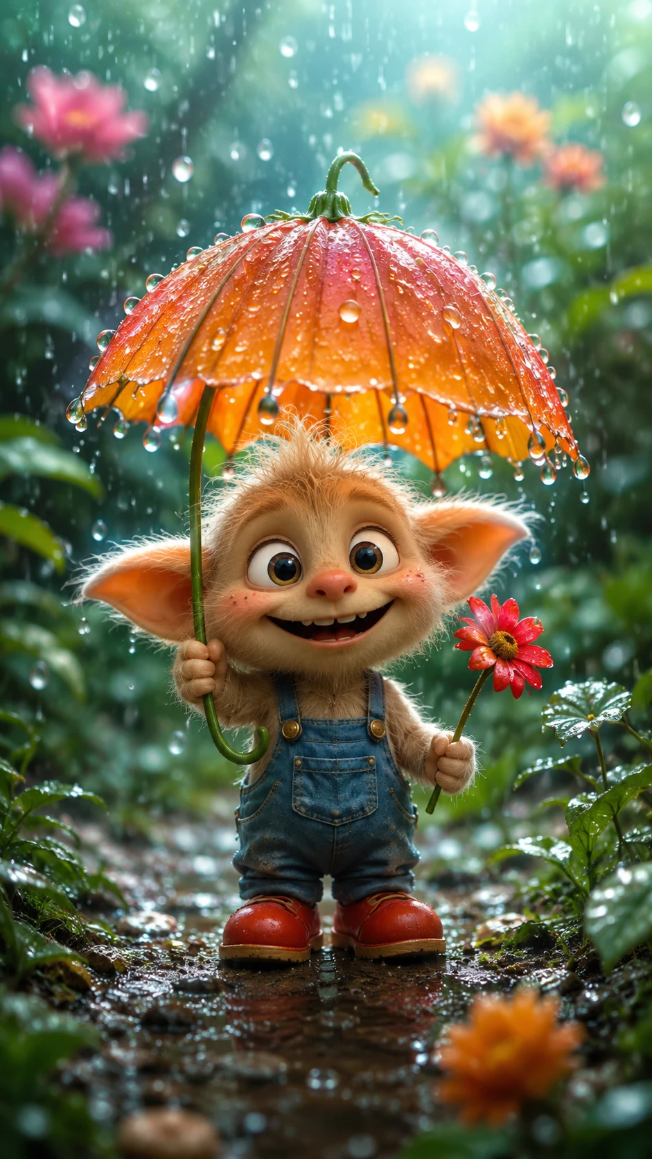 Créature de dessin animé avec parapluie dans un jardin pluvieux et couvert de rosée