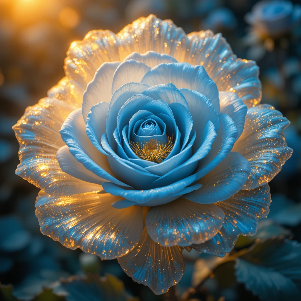 Escena de naturaleza dorada con una rosa azul entre flores