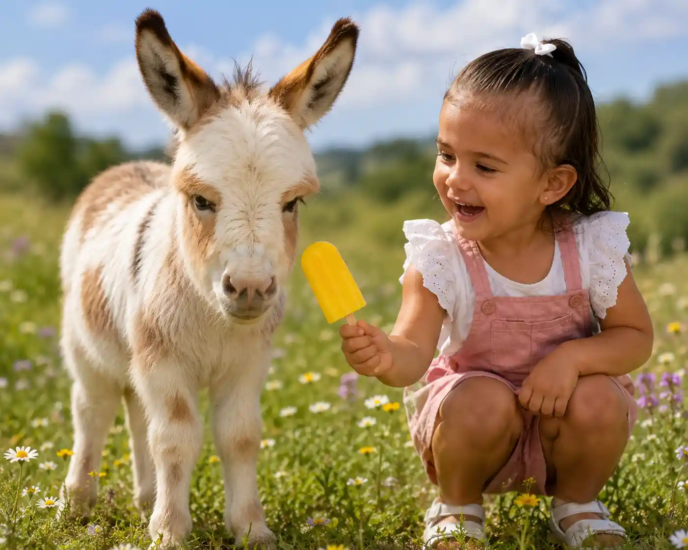 Little girl teasing a grumpy donkey with ice cream