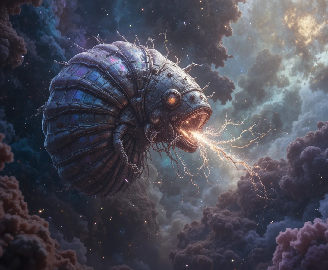 Créature alien colossale dérivant dans une nébuleuse cosmique lumineuse