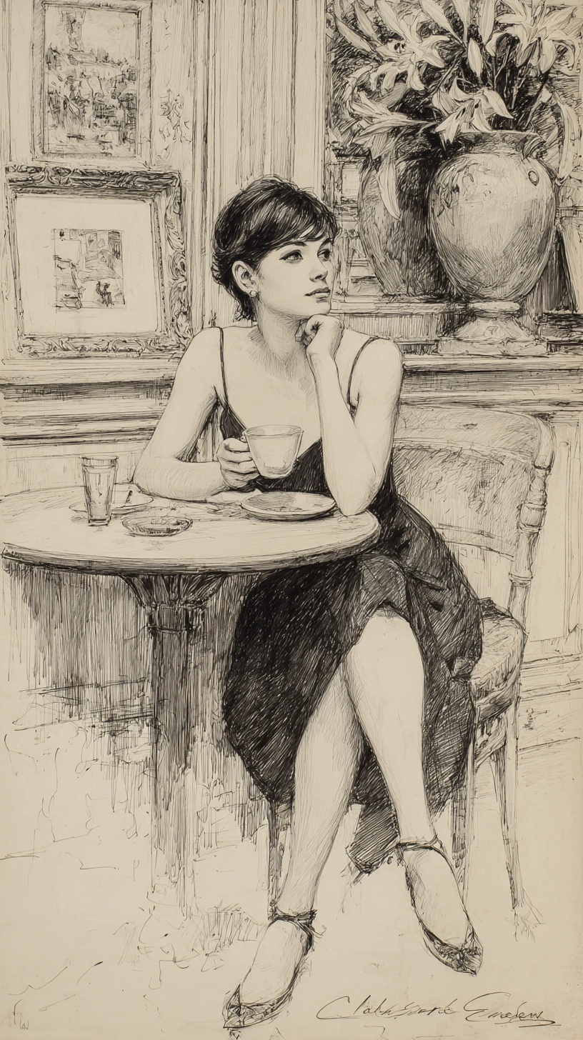 Mulher elegante com café em um desenho de café em grafite