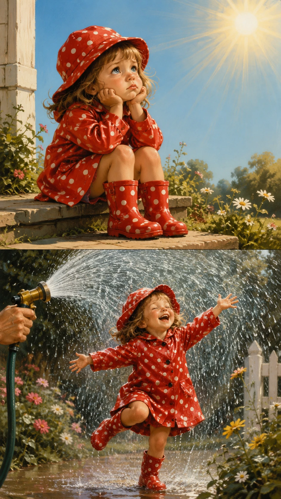 Petite fille triste en imperméable rouge sous un ciel ensoleillé
