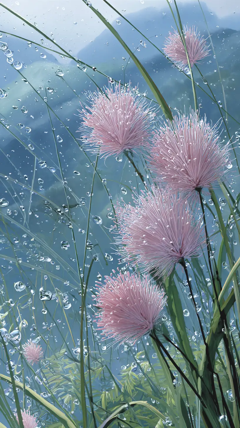 Rosa Pampasgras mit Kirschen an schimmernd blauem Wasser