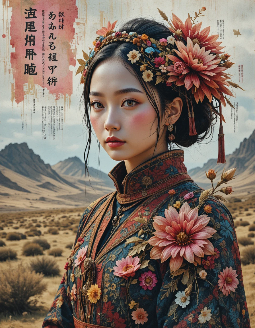 Mulher mongol em traje tradicional na estepe montanhosa