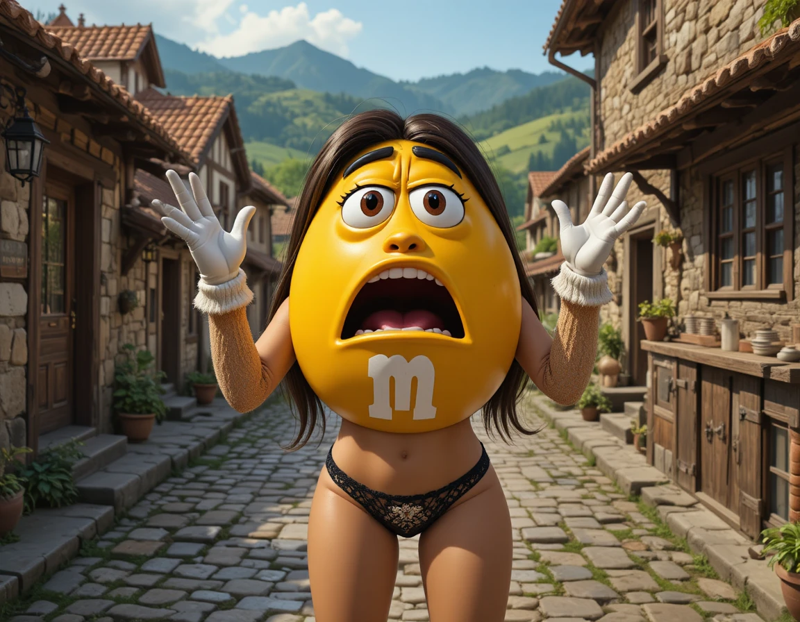 Panicked yellow candy character on old European street