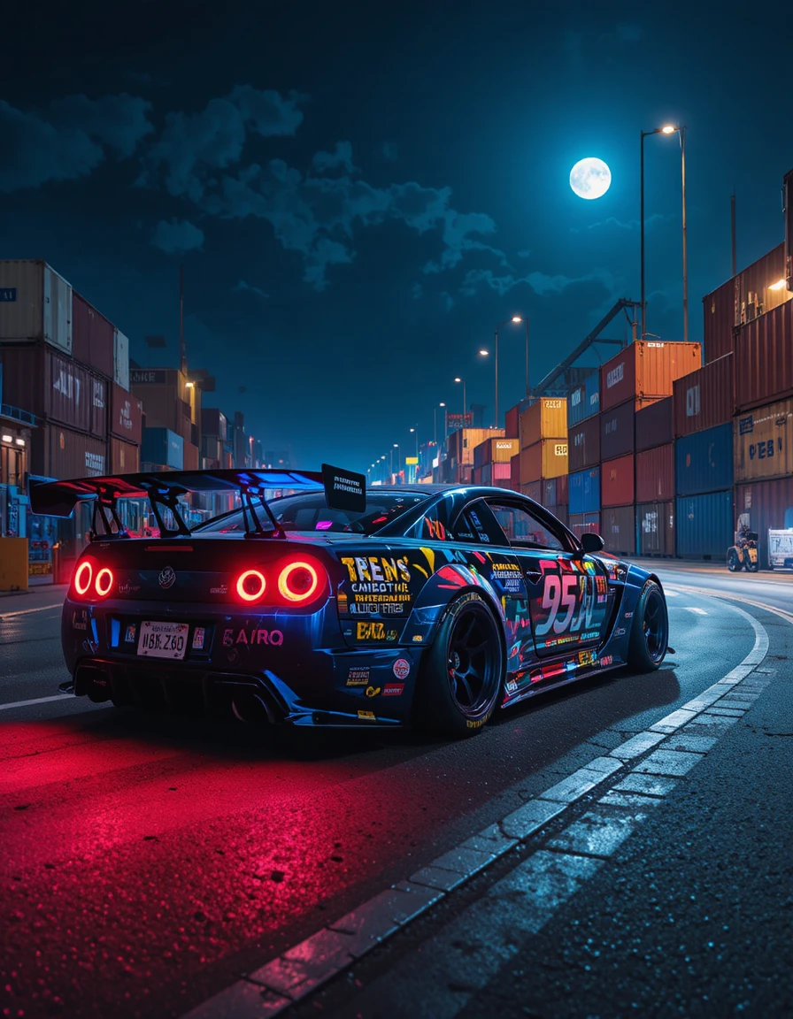 Carros de rua modificados correndo à noite em docas de carga japonesas
