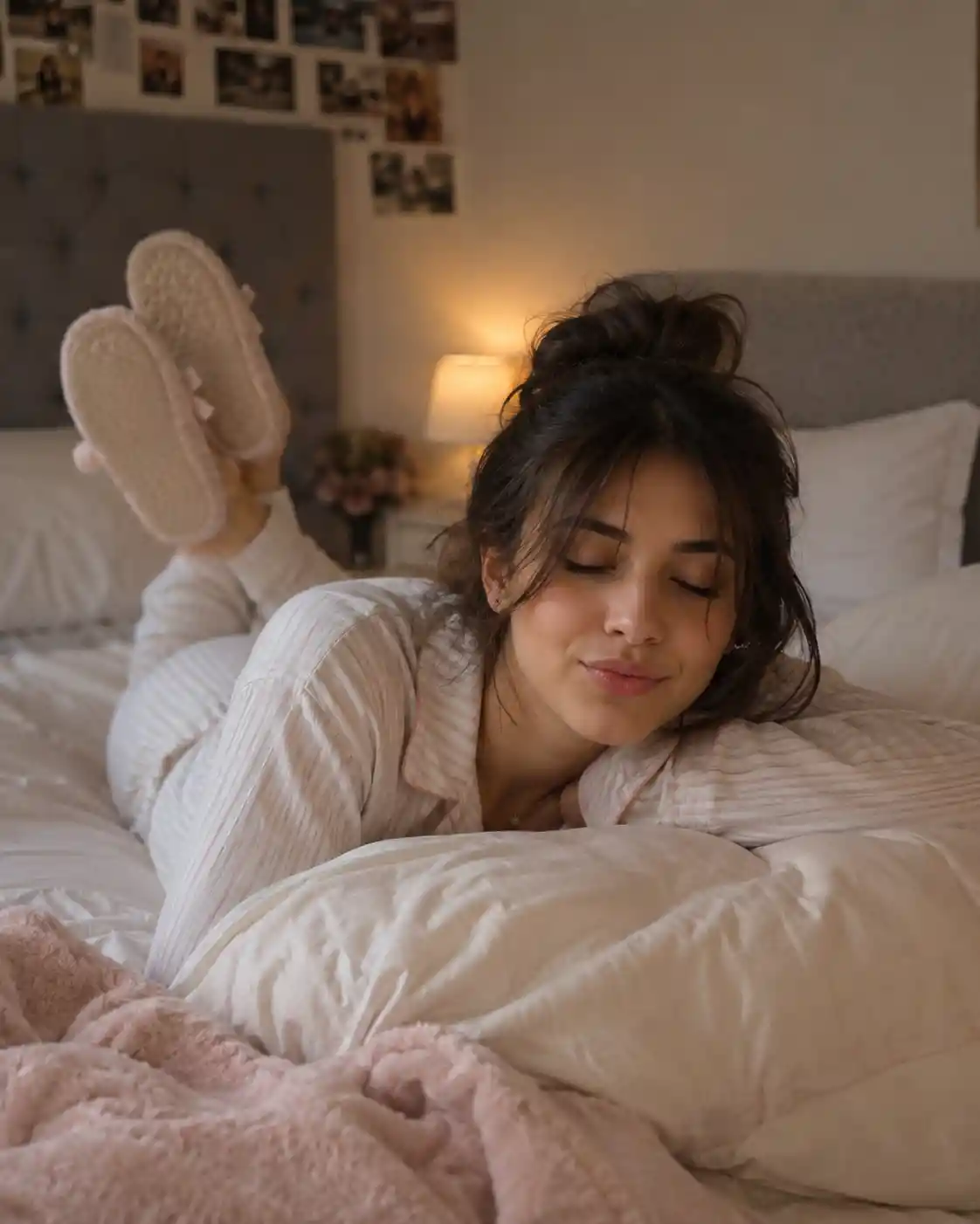 Young woman resting peacefully on a plush bed
