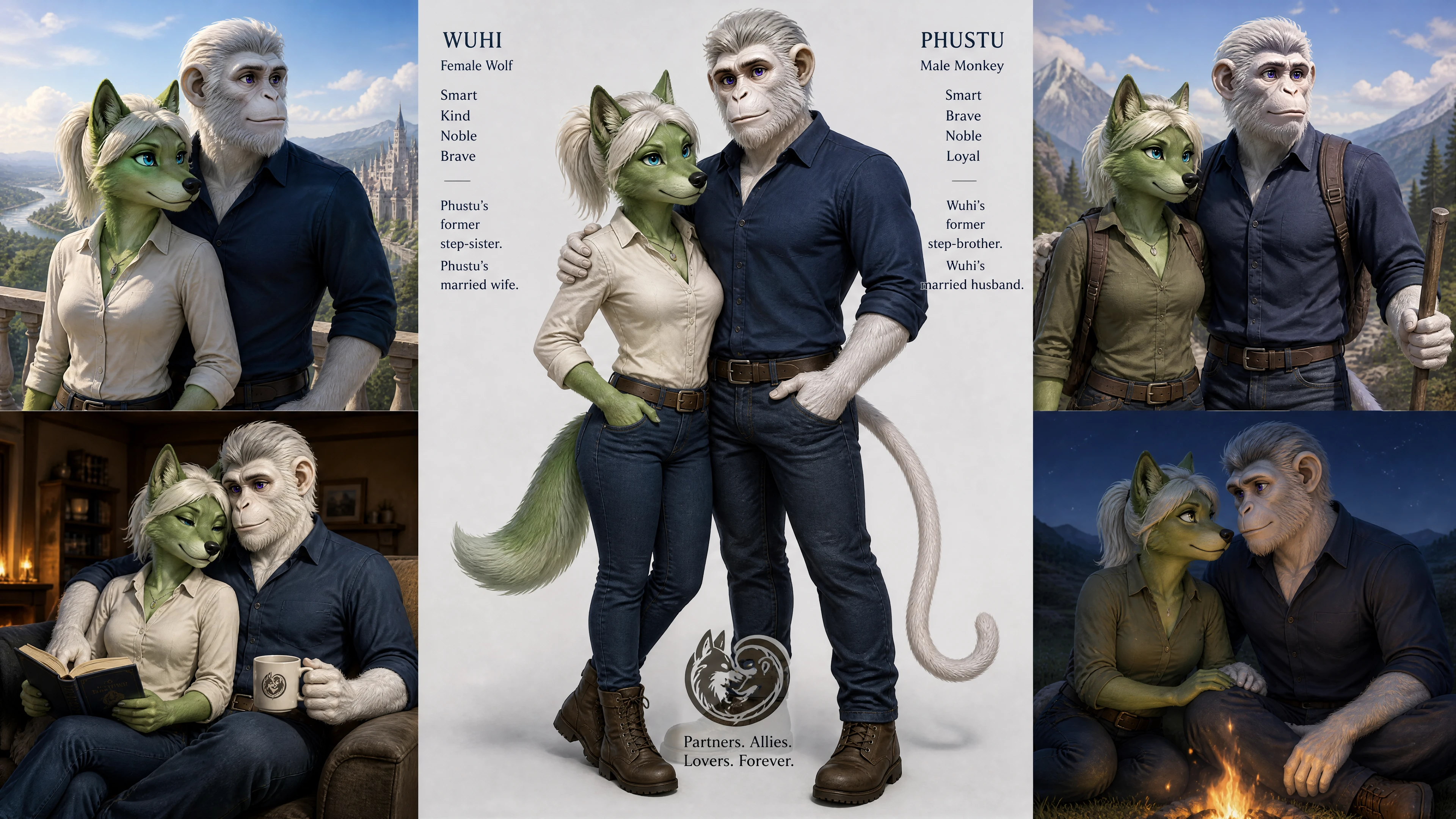 Pareja de lobo y mono antropomórficos con ropa casual