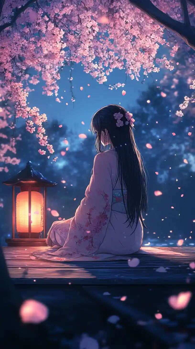 Ragazza anime in kimono rosa sotto i ciliegi in fiore di notte