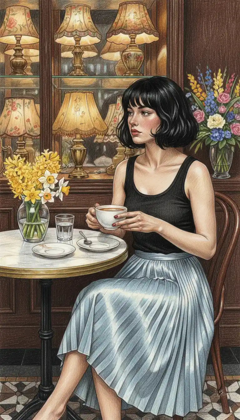 Young woman with coffee in a cozy cafe drawing