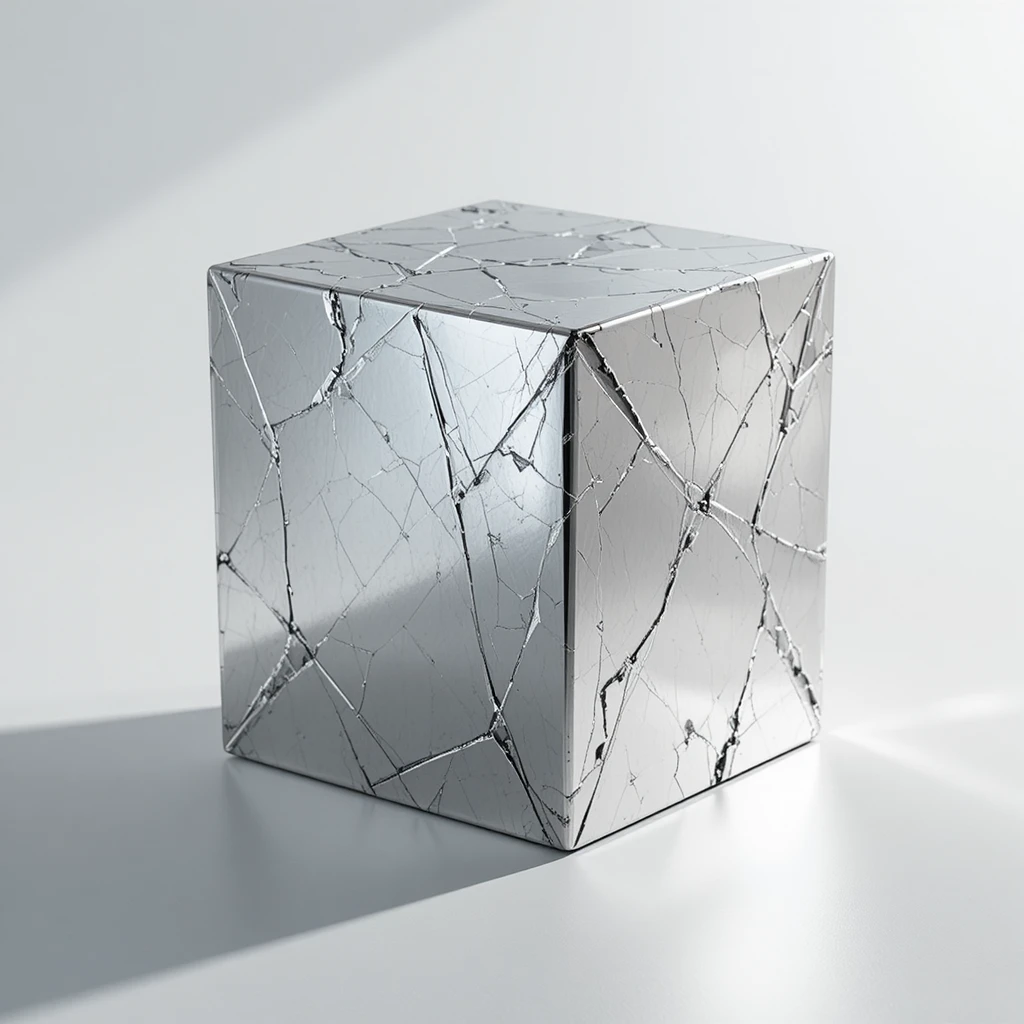 Cubo metálico polido em fundo branco puro minimalista