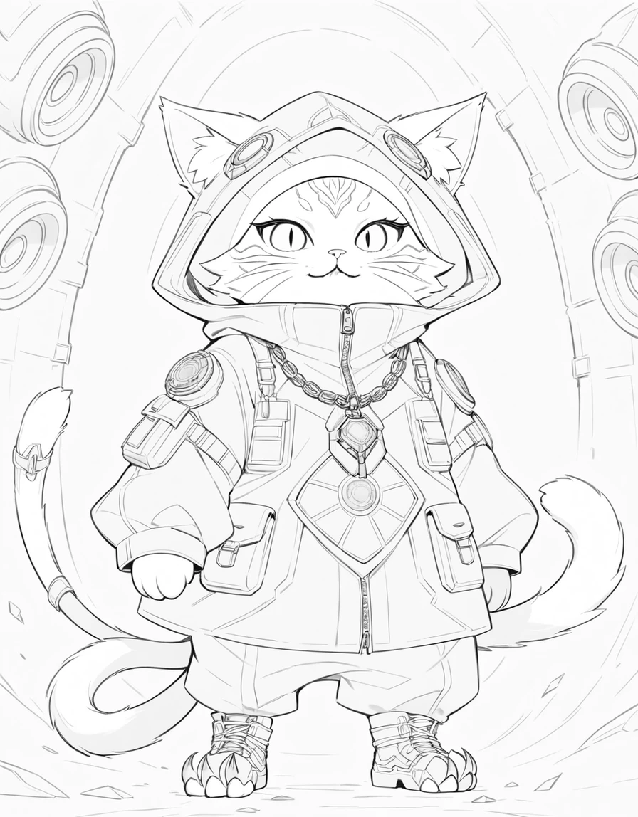 Gatto soriano in stile anime che ruggisce con cappuccio techwear ciano