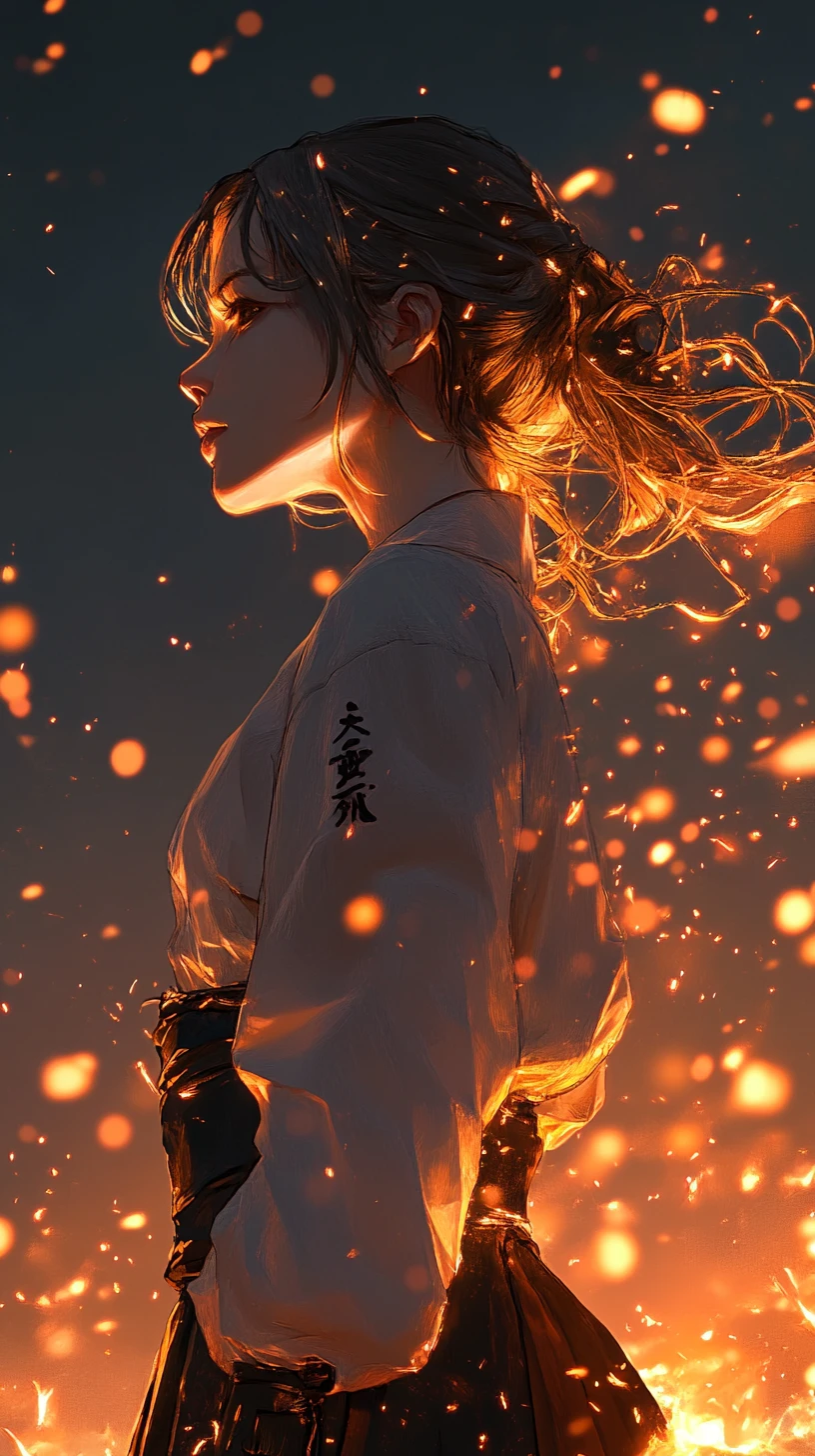 Solitary warrior woman in glowing ember lit backlight