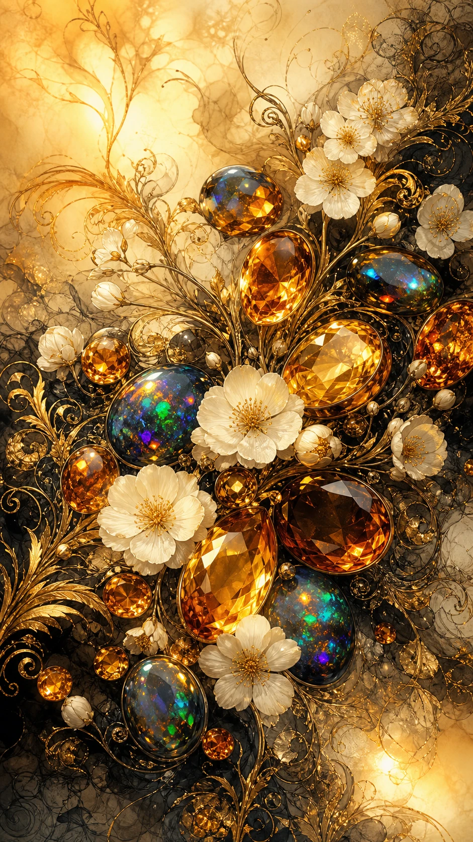 Leuchtende Edelsteine und Blumen in abstrakter Goldillustration