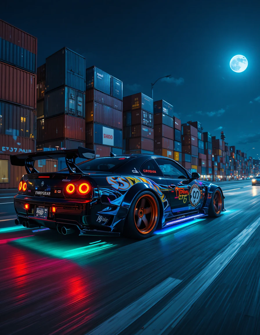 Carros de rua neon em alta velocidade nos portos de carga japoneses