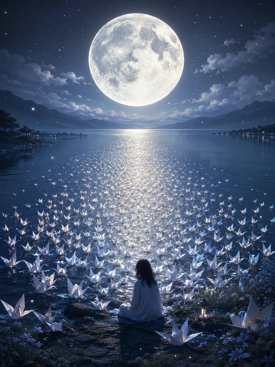 Lac paisible sous une lune gigantesque avec des grues en papier à la dérive