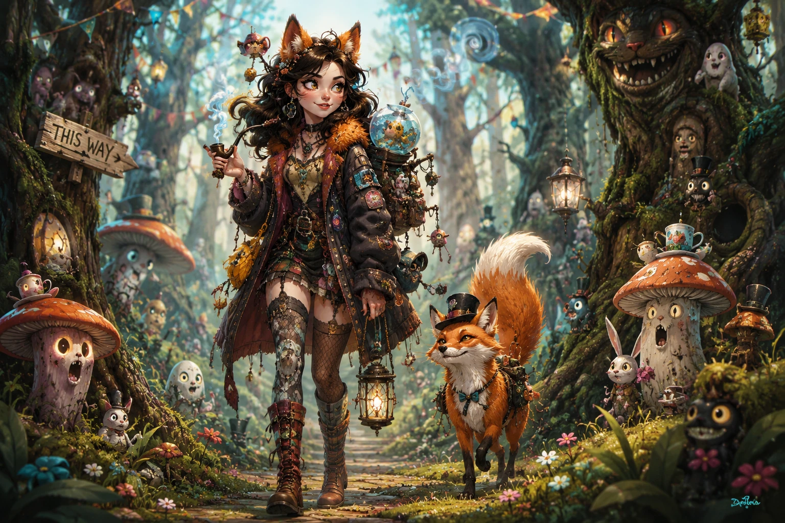 Quirky foxy girl strolling through a fantasy forest