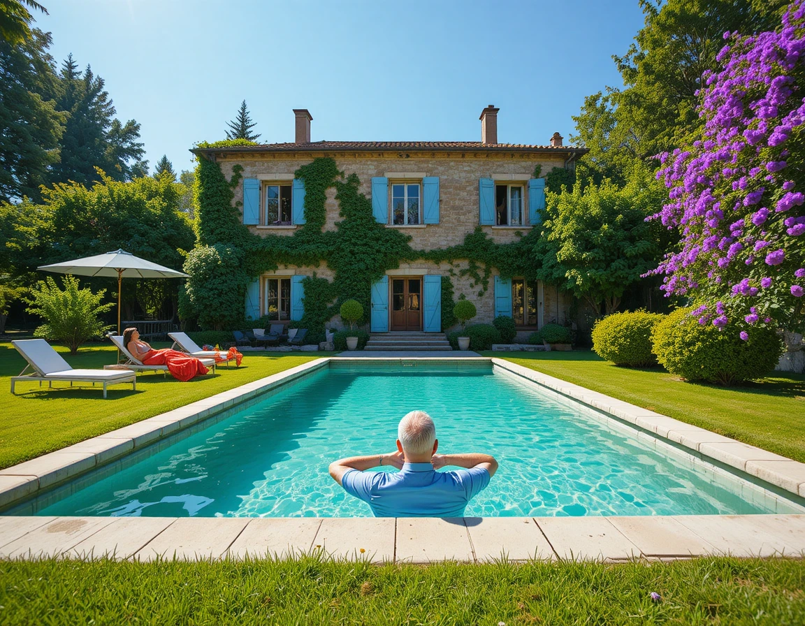 Villa rustique en pierre avec piscine dans un jardin méditerranéen ensoleillé