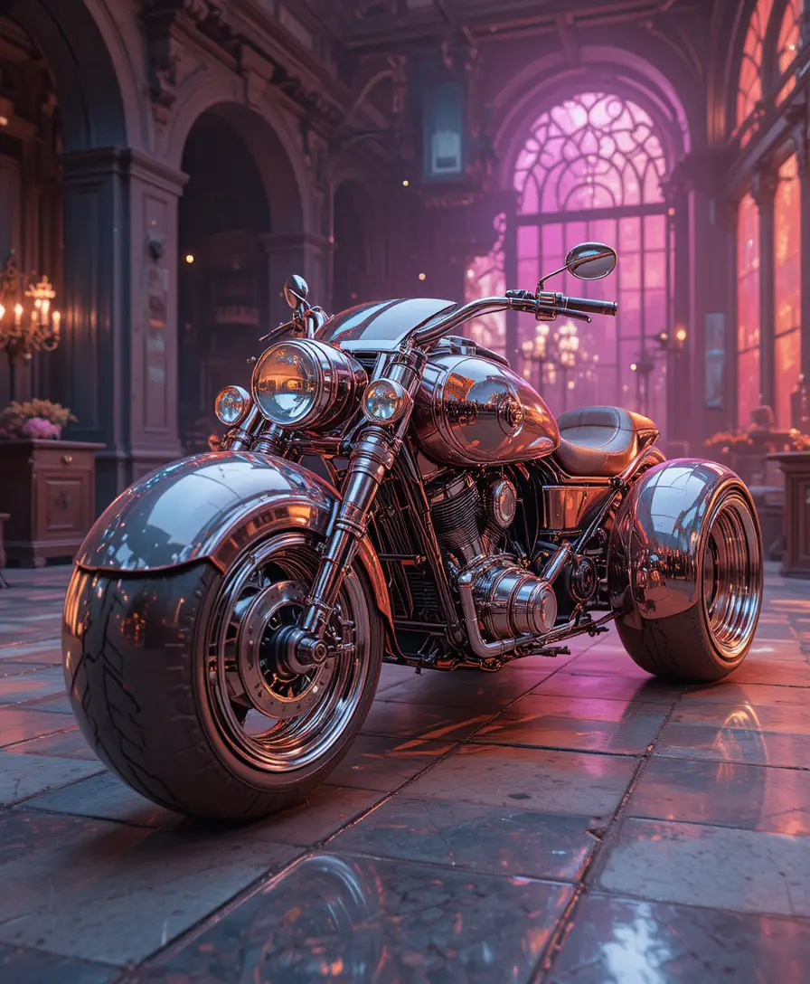 Futuristischer bauchiger Trike mit fantasievollem abgerundetem Karosseriedesign
