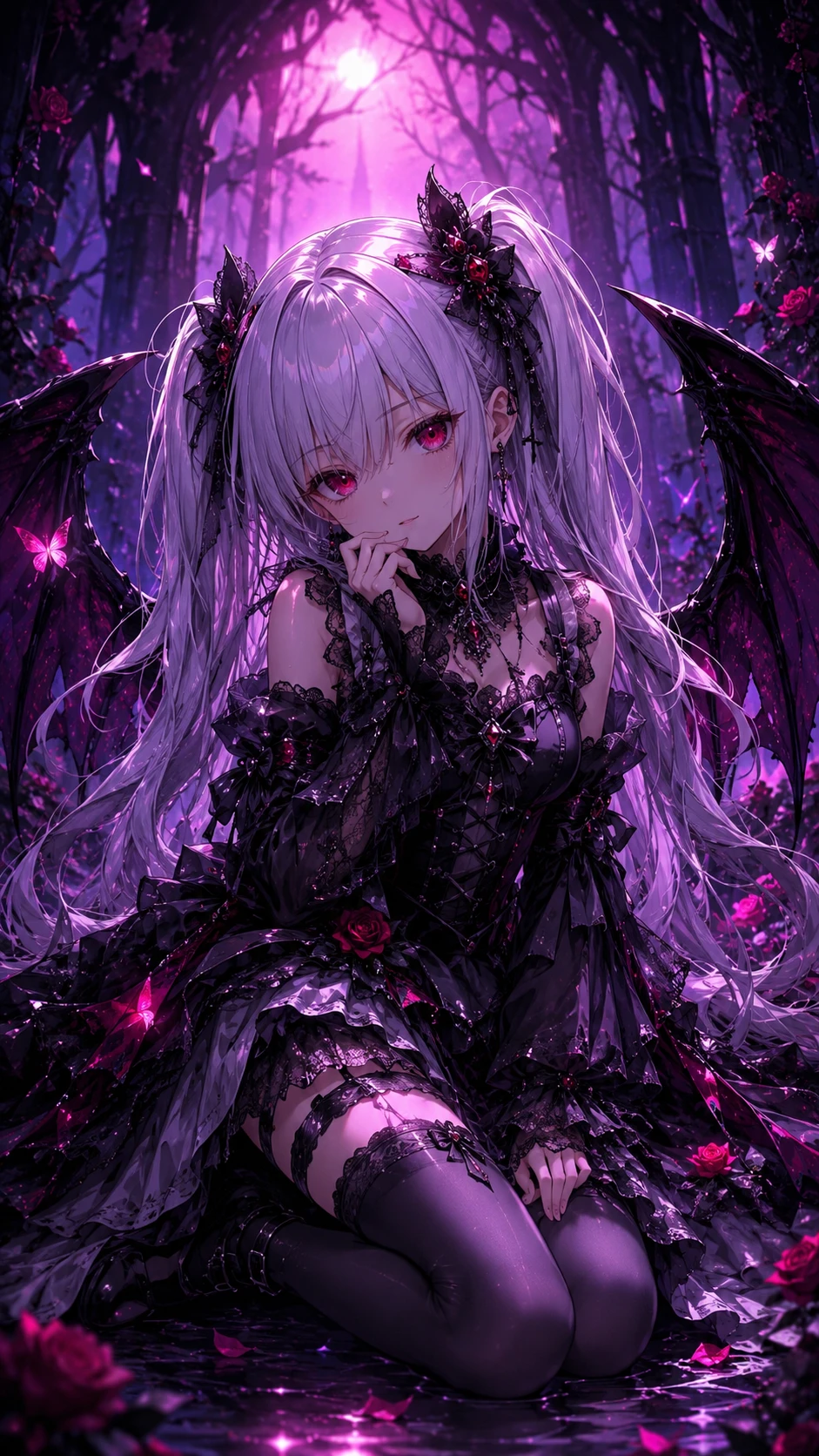 黑暗森林中的惡魔翅膀哥德風動漫少女