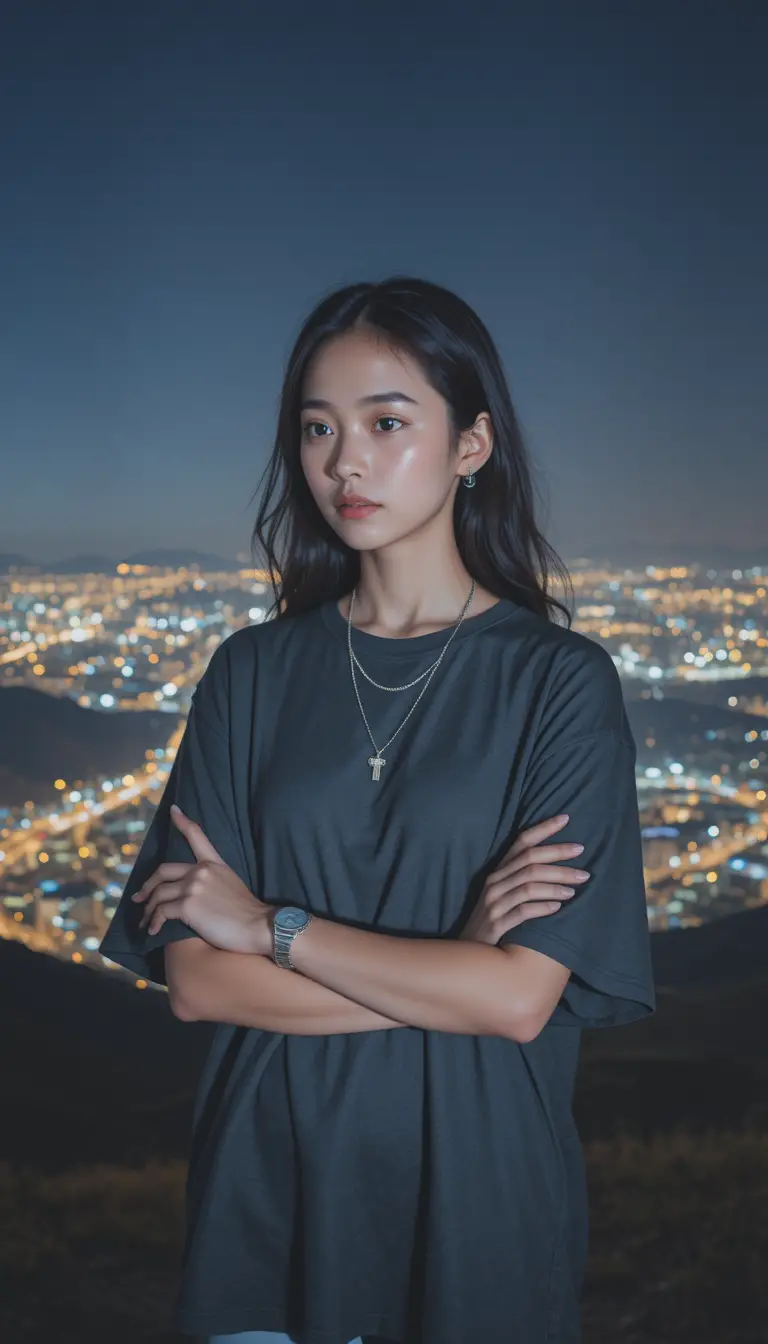 俯瞰遠方城市燈光的高原上的年輕女子