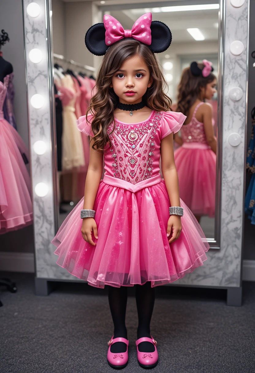 Menino nervoso com vestido rosa da Minnie no depósito de uma boutique