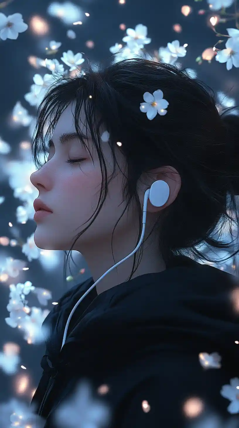 Ragazza anime calma con auricolari tra petali di ciliegio luminosi