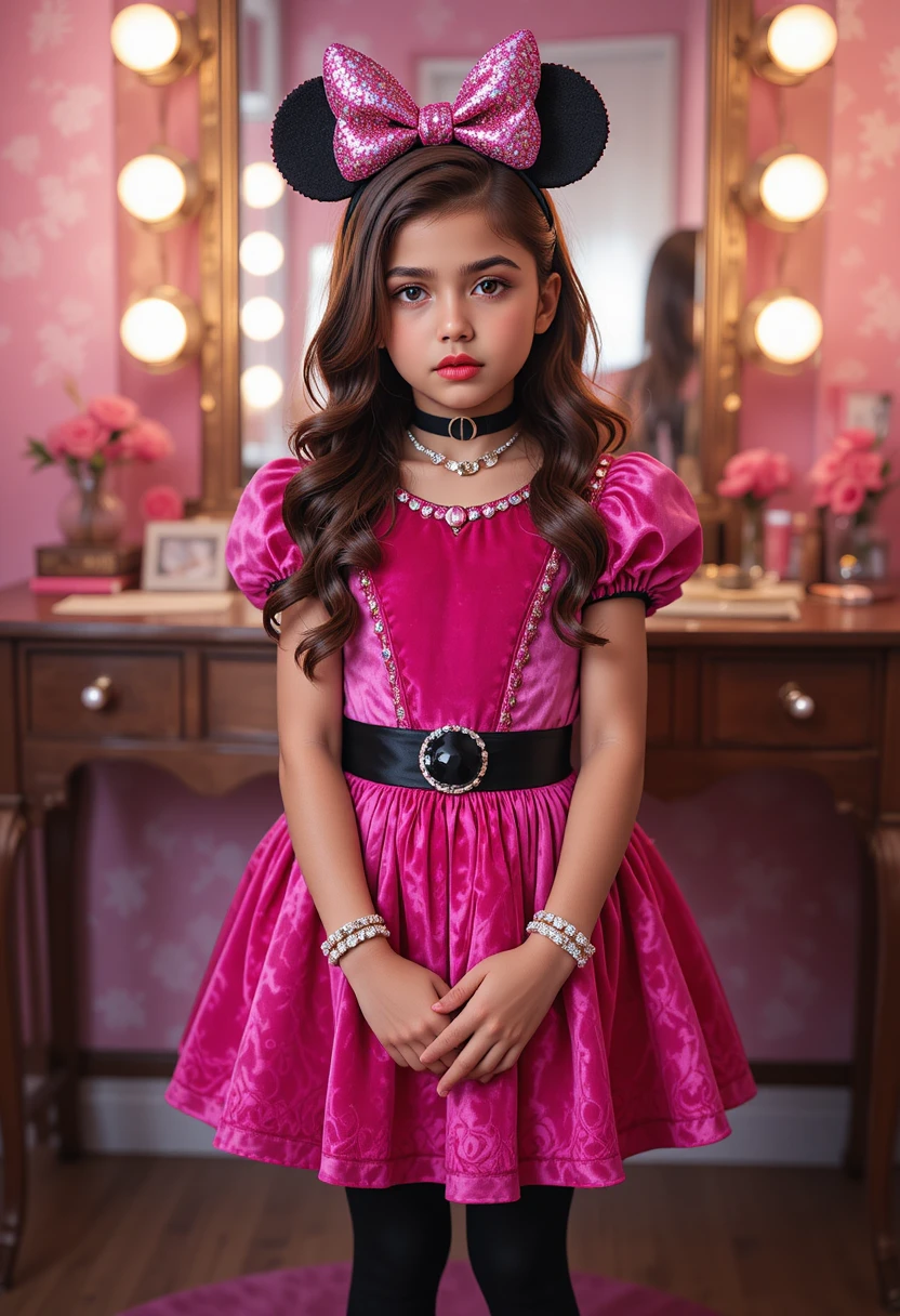 Menino posando de vestido rosa da Minnie em frente à penteadeira
