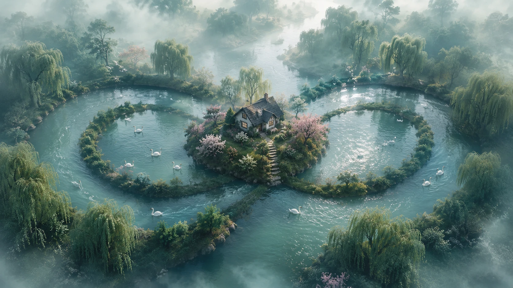 Rivière vue du ciel formant un symbole d’infini autour d’un cottage