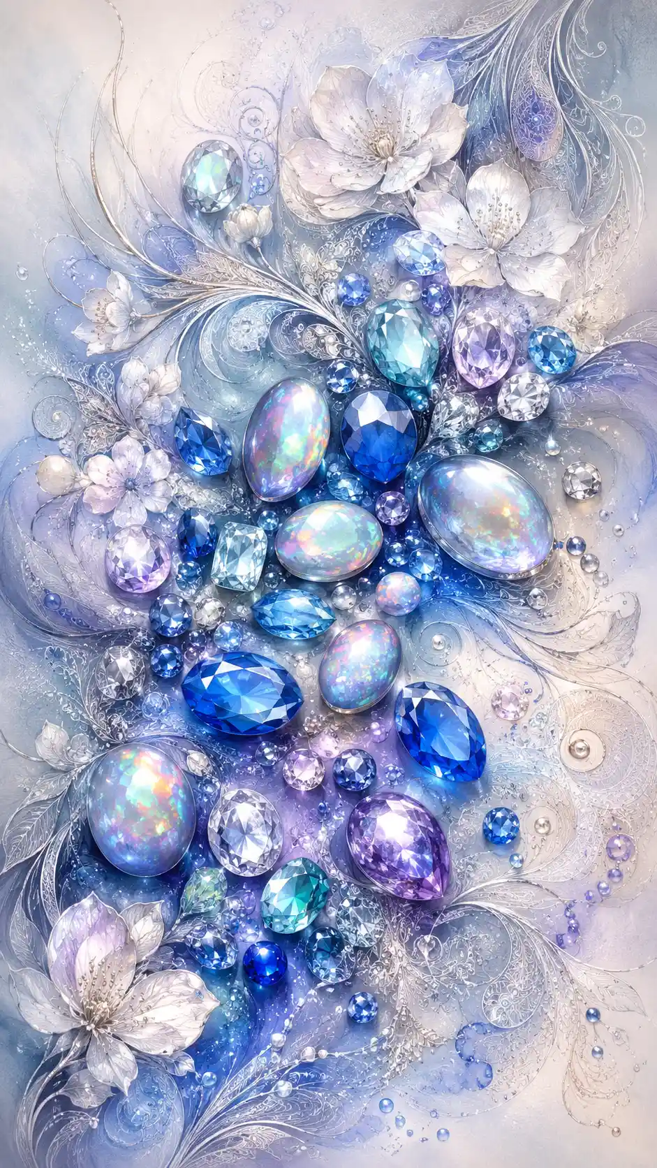 Sapphires opals and delicate white blossoms in silver glow