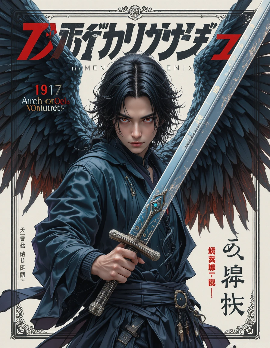 Fallen archangel with black wings holding a broadsword