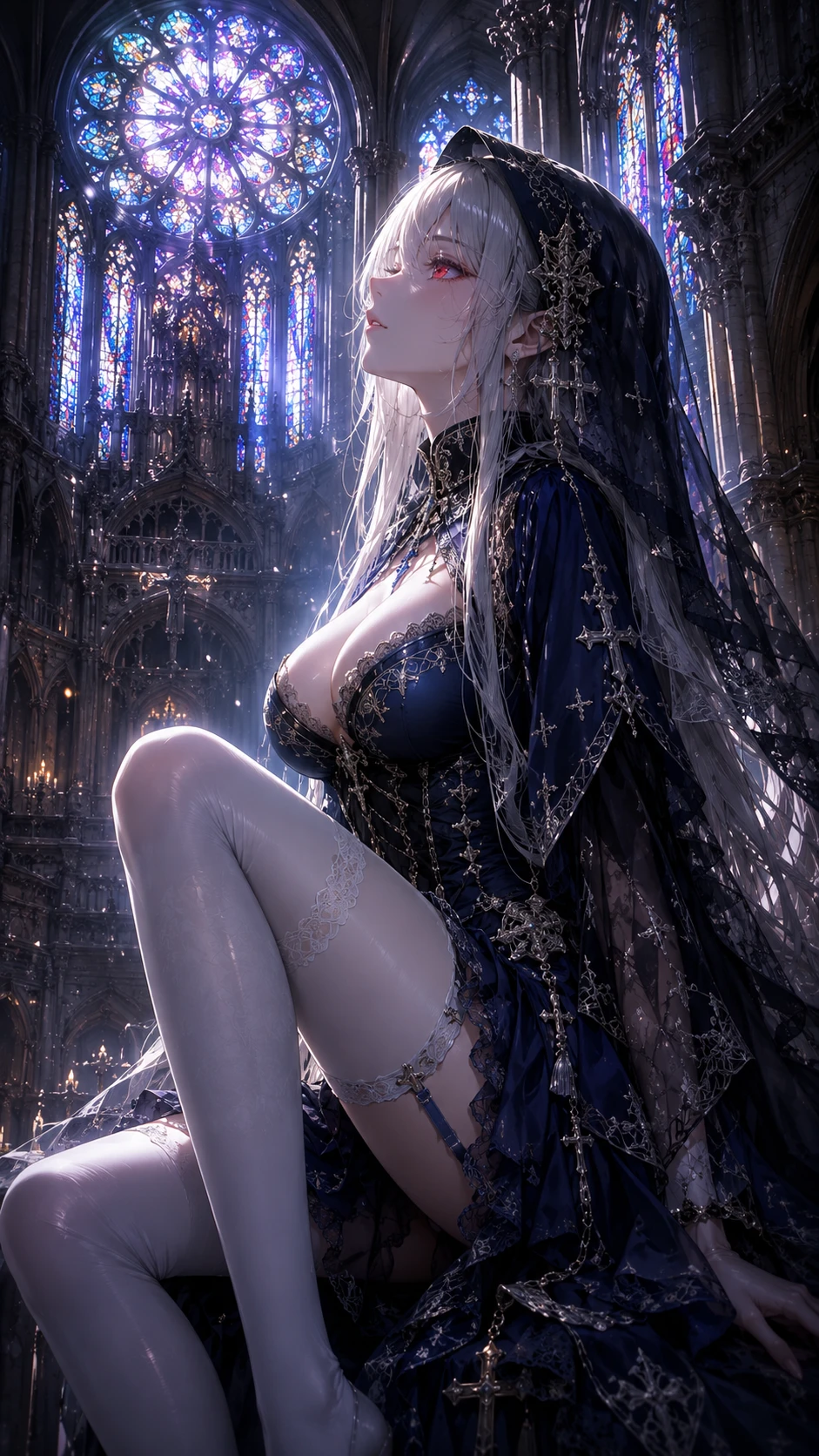 Mujer de anime de cabello plateado con medias en catedral gótica