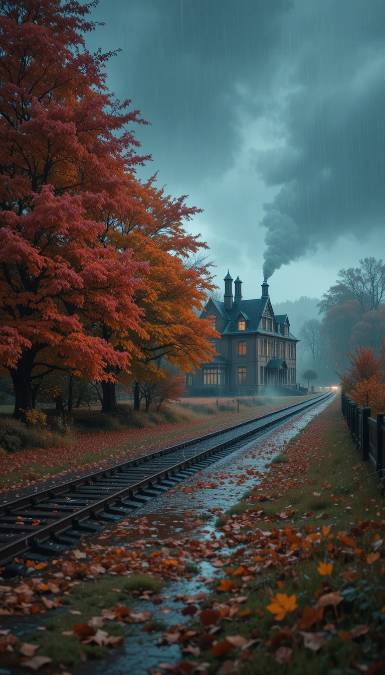 Regnerisches Herbstgut an einer stillen Eisenbahn auf dem Land