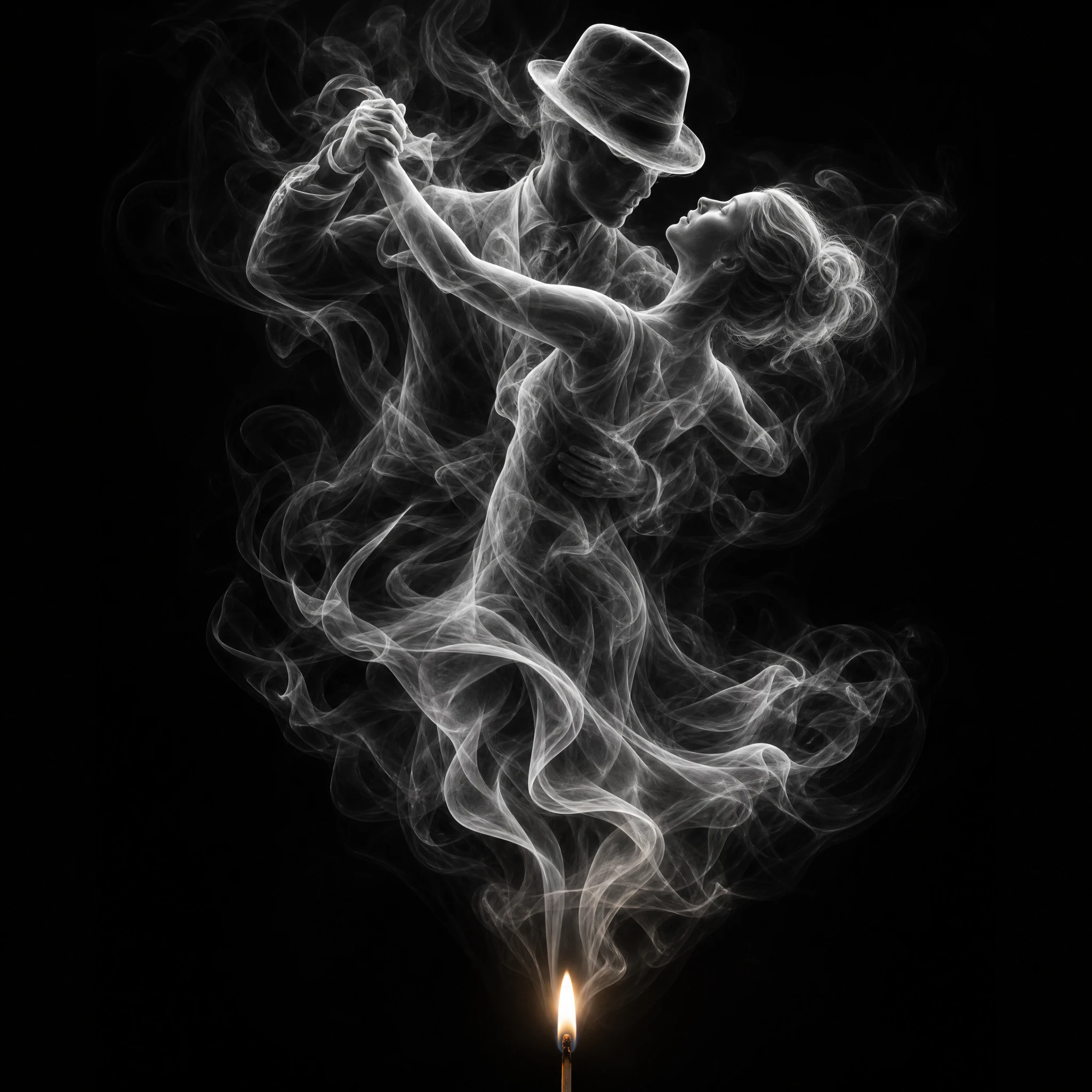 Coppia danzante di fumo che vortica sopra una singola fiamma di fiammifero