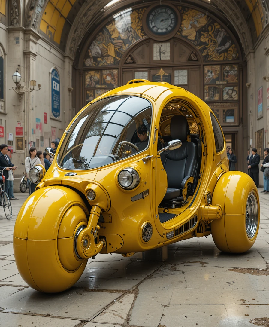 Triciclo giallo futuristico con forme utopiche bombate