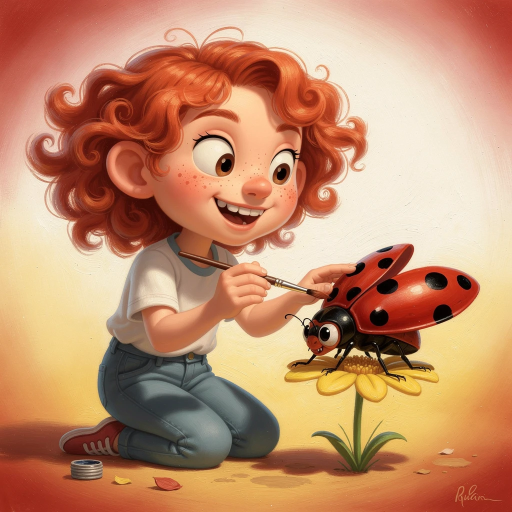 Fillette de dessin animé espiègle peignant des pois sur une coccinelle