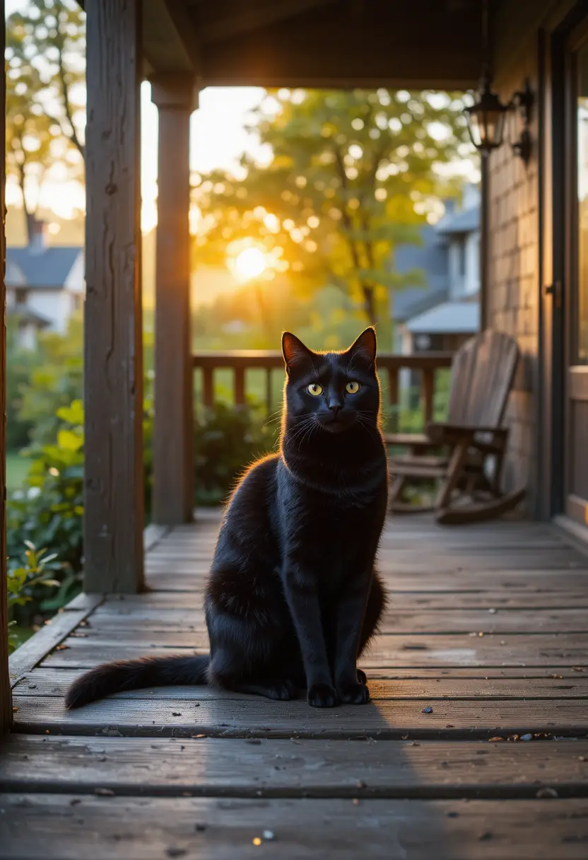 Schwarze Katze auf hölzener Veranda bei ruhigem Sonnenuntergang